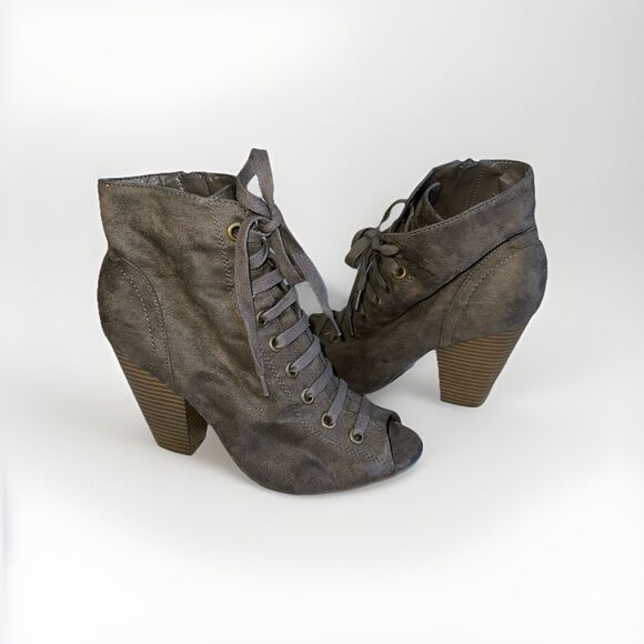 Womens 8 Peep Toe Lace Up Booties Chunky Heel Gray Suede Ankle Boots y2k chugey - Picture 15 of 15